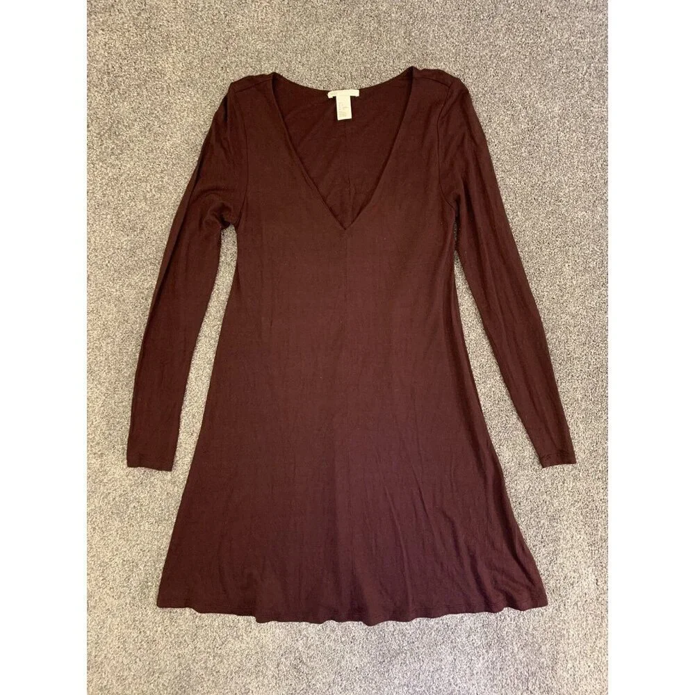 H&M Women's Dress Size S Burgundy Brown Fit & Flare V-Neck Long Sleeves GUC